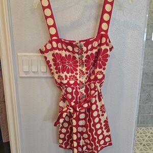 Floral Red and Cream Jumpsuit Farmer Rio Sz Med